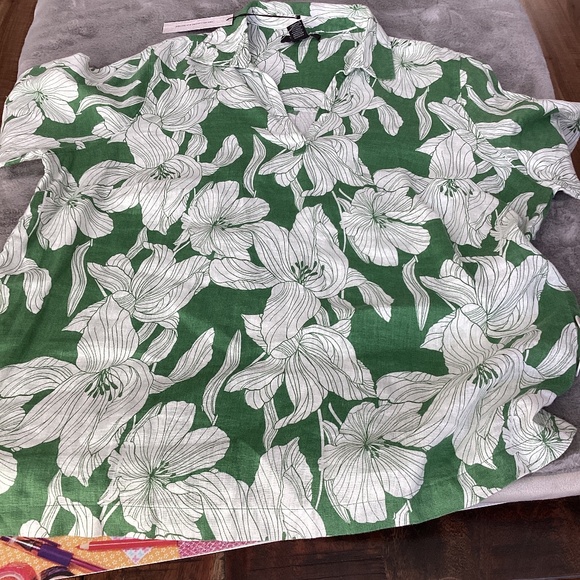 NWT Tahari linen green and white floral blouse size 1X - Picture 1 of 10